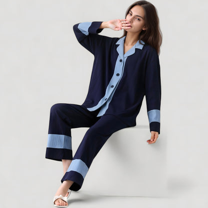 Anna-Kaci Lounge Women's Colorblock Pajama Set with Contrast Trim Long Sleeve Button Top and Straight Leg Pants