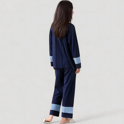 Anna-Kaci Lounge Women's Colorblock Pajama Set with Contrast Trim Long Sleeve Button Top and Straight Leg Pants