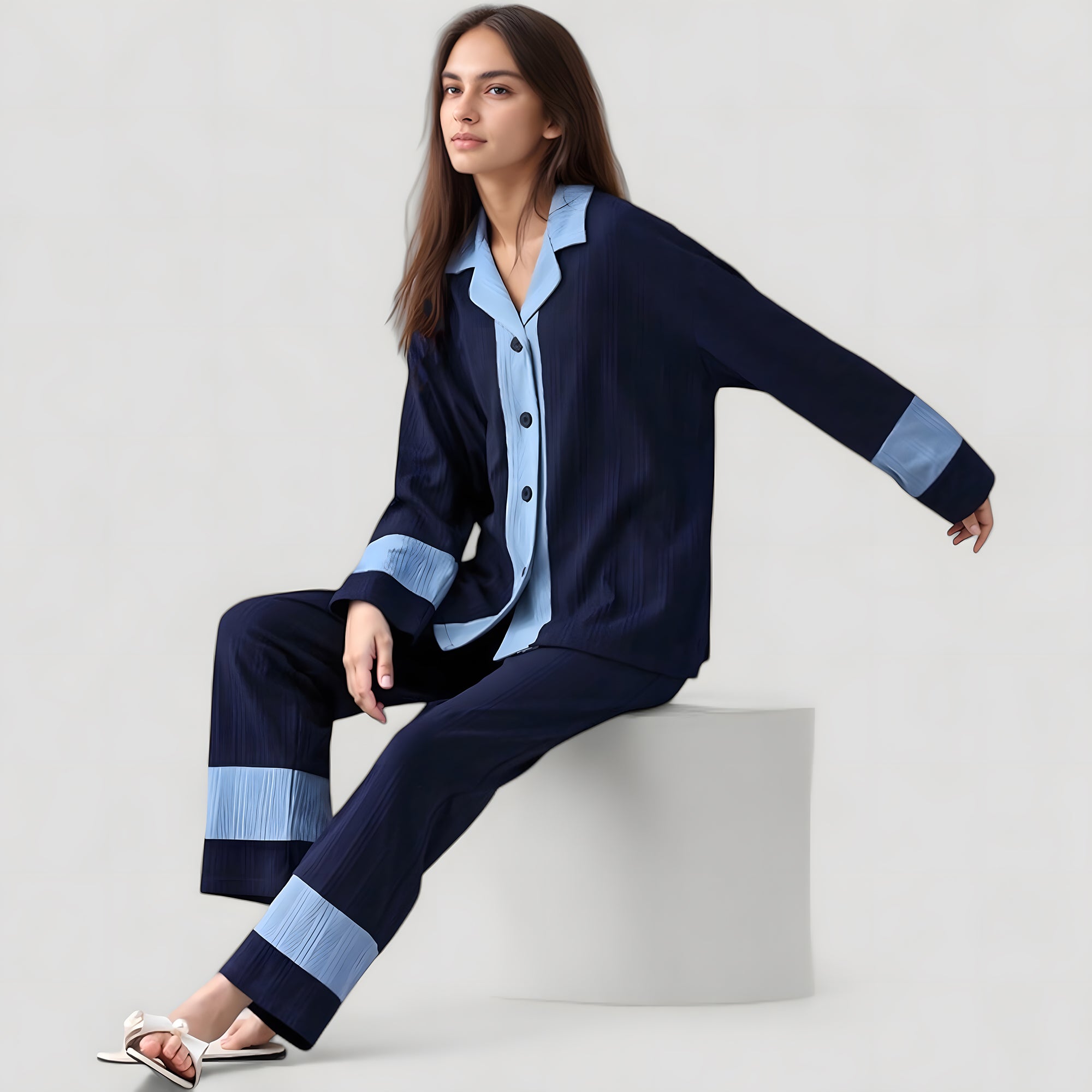 Anna-Kaci Lounge Women's Colorblock Pajama Set with Contrast Trim Long Sleeve Button Top and Straight Leg Pants