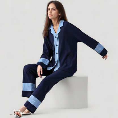 Anna-Kaci Lounge Women's Colorblock Pajama Set with Contrast Trim Long Sleeve Button Top and Straight Leg Pants