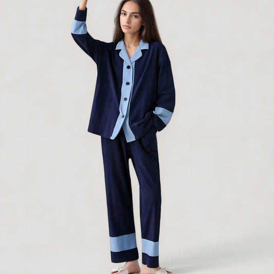 Anna-Kaci Lounge Women's Colorblock Pajama Set with Contrast Trim Long Sleeve Button Top and Straight Leg Pants
