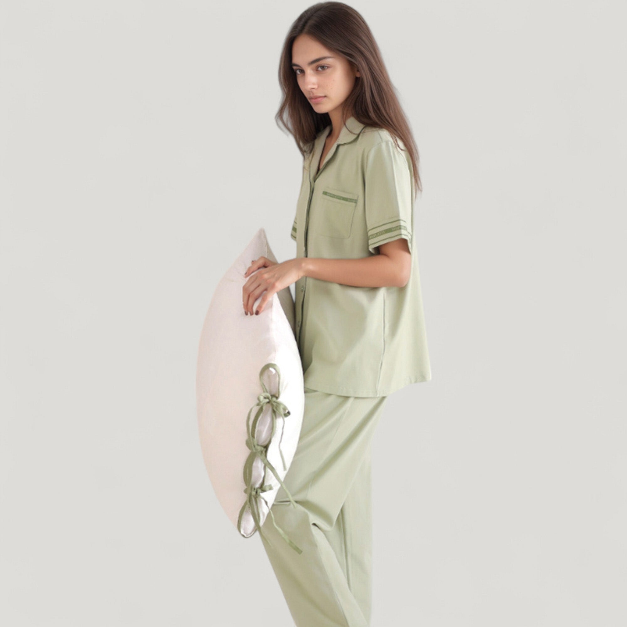 Anna-Kaci Lounge Women's Solid Pajama Set with Contrast Stripe Trim Short Sleeve Top and Matching Lounge Pants