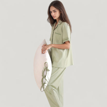 Anna-Kaci Lounge Women's Solid Pajama Set with Contrast Stripe Trim Short Sleeve Top and Matching Lounge Pants