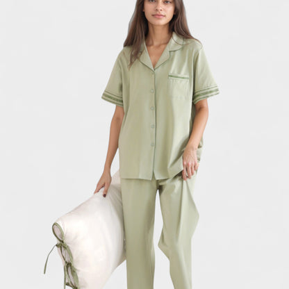 Anna-Kaci Lounge Women's Solid Pajama Set with Contrast Stripe Trim Short Sleeve Top and Matching Lounge Pants
