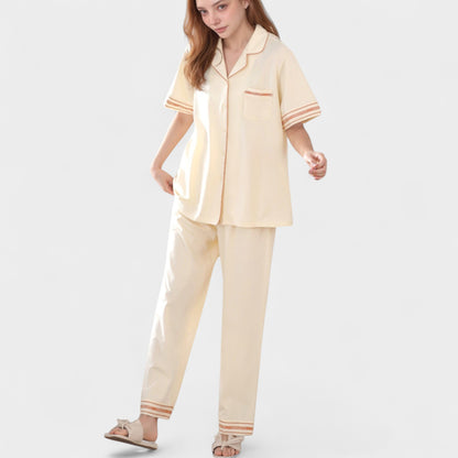 Anna-Kaci Lounge Women's Solid Pajama Set with Contrast Stripe Trim Short Sleeve Top and Matching Lounge Pants