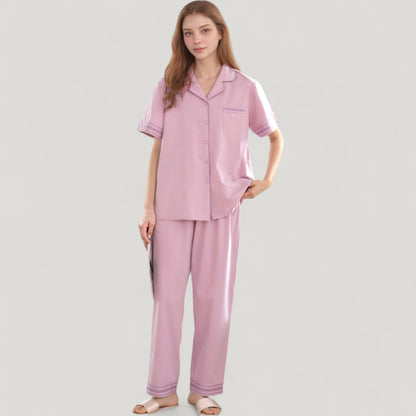 Anna-Kaci Lounge Women's Solid Pajama Set with Contrast Stripe Trim Short Sleeve Top and Matching Lounge Pants