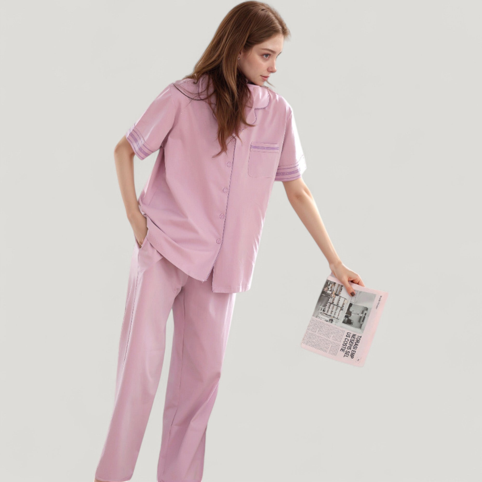 Anna-Kaci Lounge Women's Solid Pajama Set with Contrast Stripe Trim Short Sleeve Top and Matching Lounge Pants