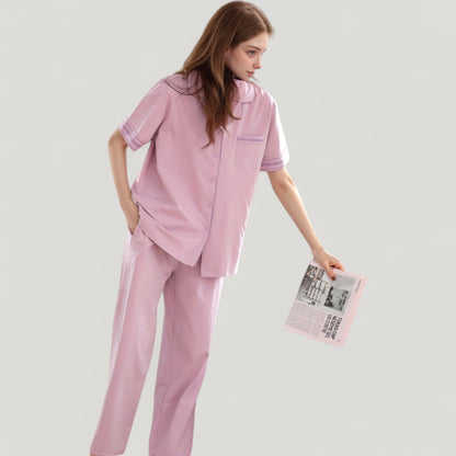 Anna-Kaci Lounge Women's Solid Pajama Set with Contrast Stripe Trim Short Sleeve Top and Matching Lounge Pants