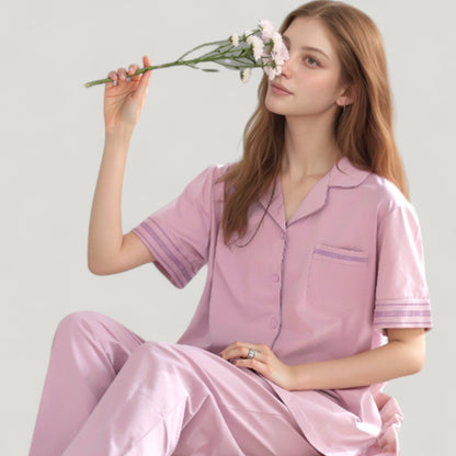 Anna-Kaci Lounge Women's Solid Pajama Set with Contrast Stripe Trim Short Sleeve Top and Matching Lounge Pants