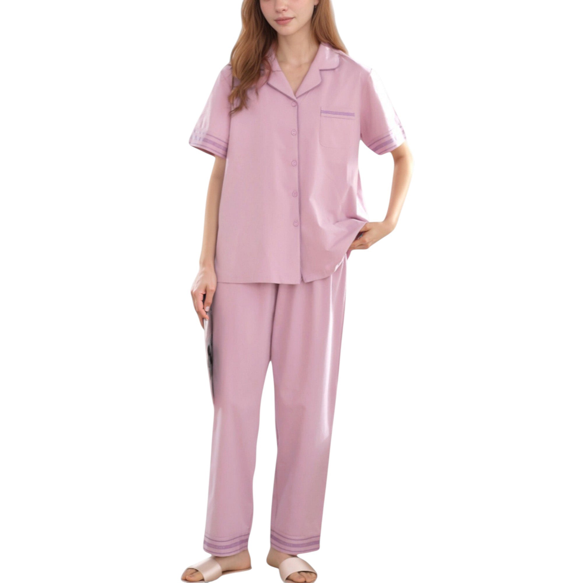 Anna-Kaci Lounge Women's Solid Pajama Set with Contrast Stripe Trim Short Sleeve Top and Matching Lounge Pants