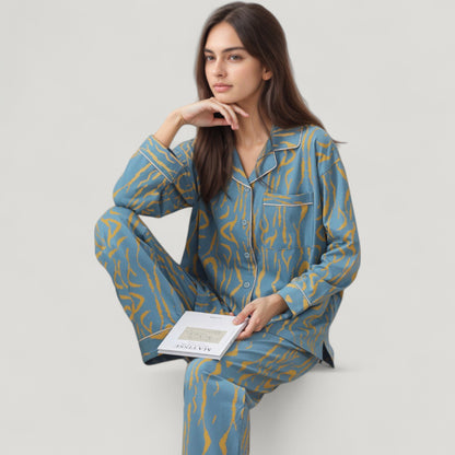 Anna-Kaci Lounge Women's Abstract Pattern Pajama Set Long Sleeve Button Front Top with Matching Relaxed Fit Lounge Pants