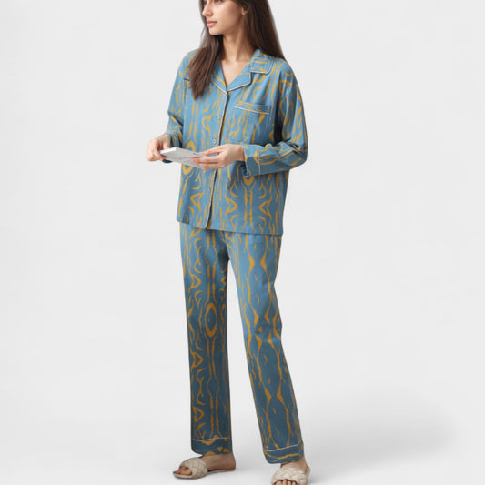 Anna-Kaci Lounge Women's Abstract Pattern Pajama Set Long Sleeve Button Front Top with Matching Relaxed Fit Lounge Pants