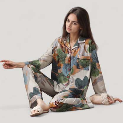 Anna-Kaci Lounge Women's Abstract Pattern Pajama Set Long Sleeve Button Front Top with Matching Relaxed Fit Lounge Pants