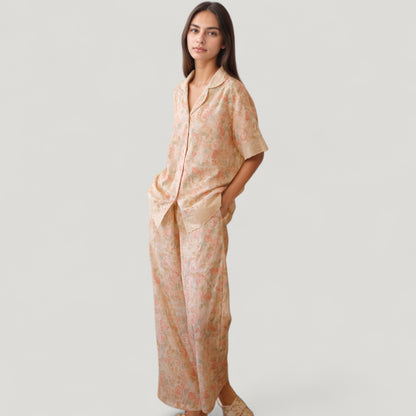 Anna-Kaci Lounge Women's Floral Lace Trim Pajama Set Short Sleeve Button Top with Matching Wide Leg Lounge Pants