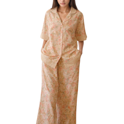Anna-Kaci Lounge Women's Floral Lace Trim Pajama Set Short Sleeve Button Top with Matching Wide Leg Lounge Pants