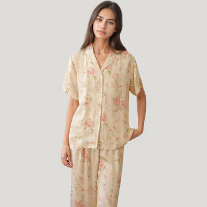 Anna-Kaci Lounge Women's Long Sleeve Floral Pajama Set Button-Up Notched Collar Top with Matching Wide Leg Pants