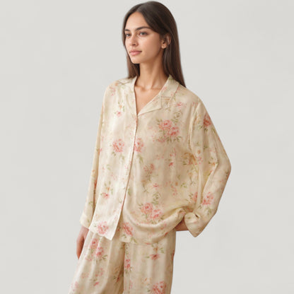 Anna-Kaci Lounge Women's Long Sleeve Floral Pajama Set Button-Up Notched Collar Top with Matching Wide Leg Pants