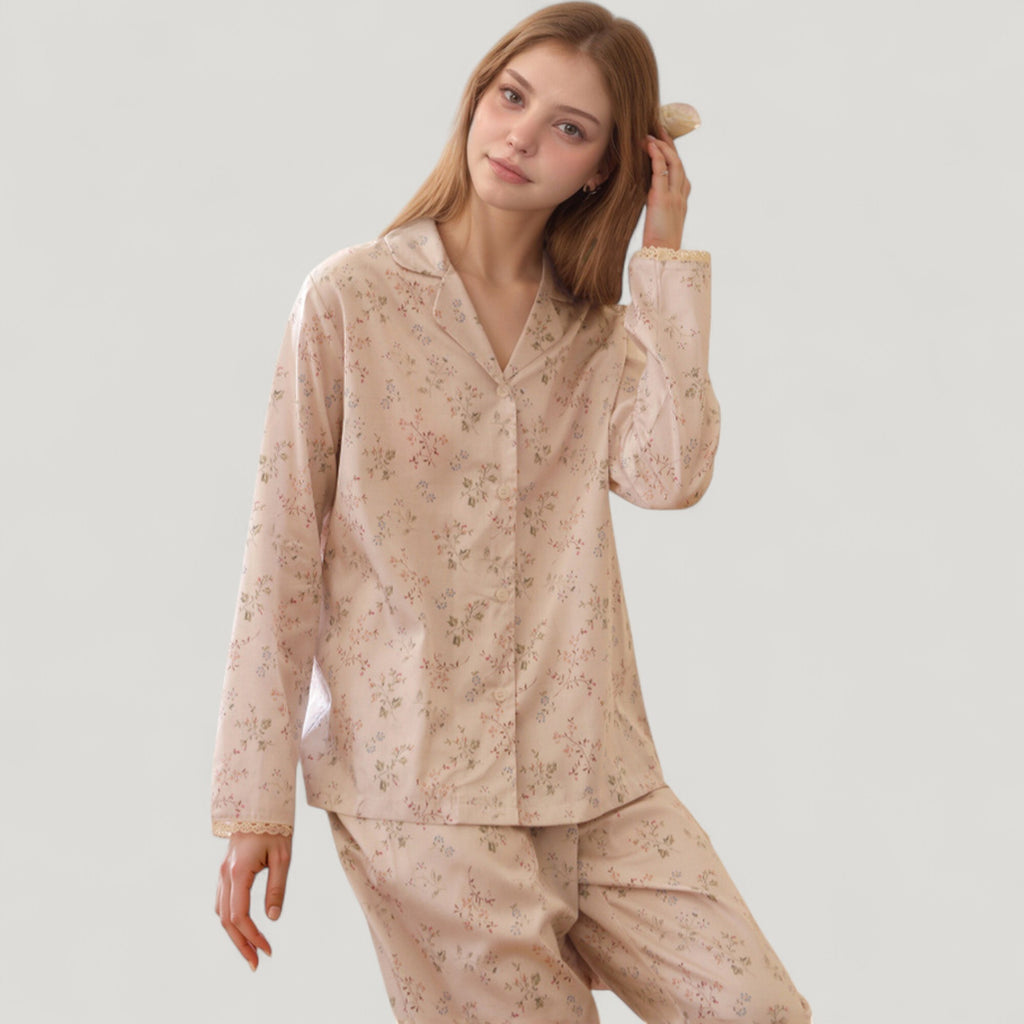 Anna-Kaci Lounge Women's Long Sleeve Pajama Set Small Floral Print Button-Up Top with Notch Collar and Relaxed Fit Pants