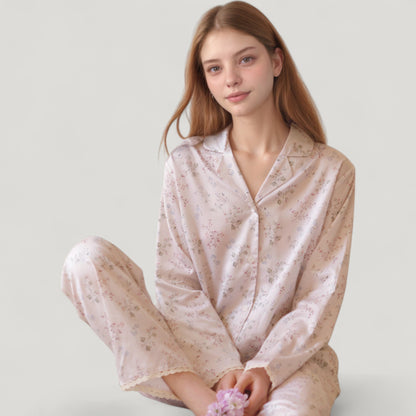Anna-Kaci Lounge Women's Long Sleeve Pajama Set Small Floral Print Button-Up Top with Notch Collar and Relaxed Fit Pants