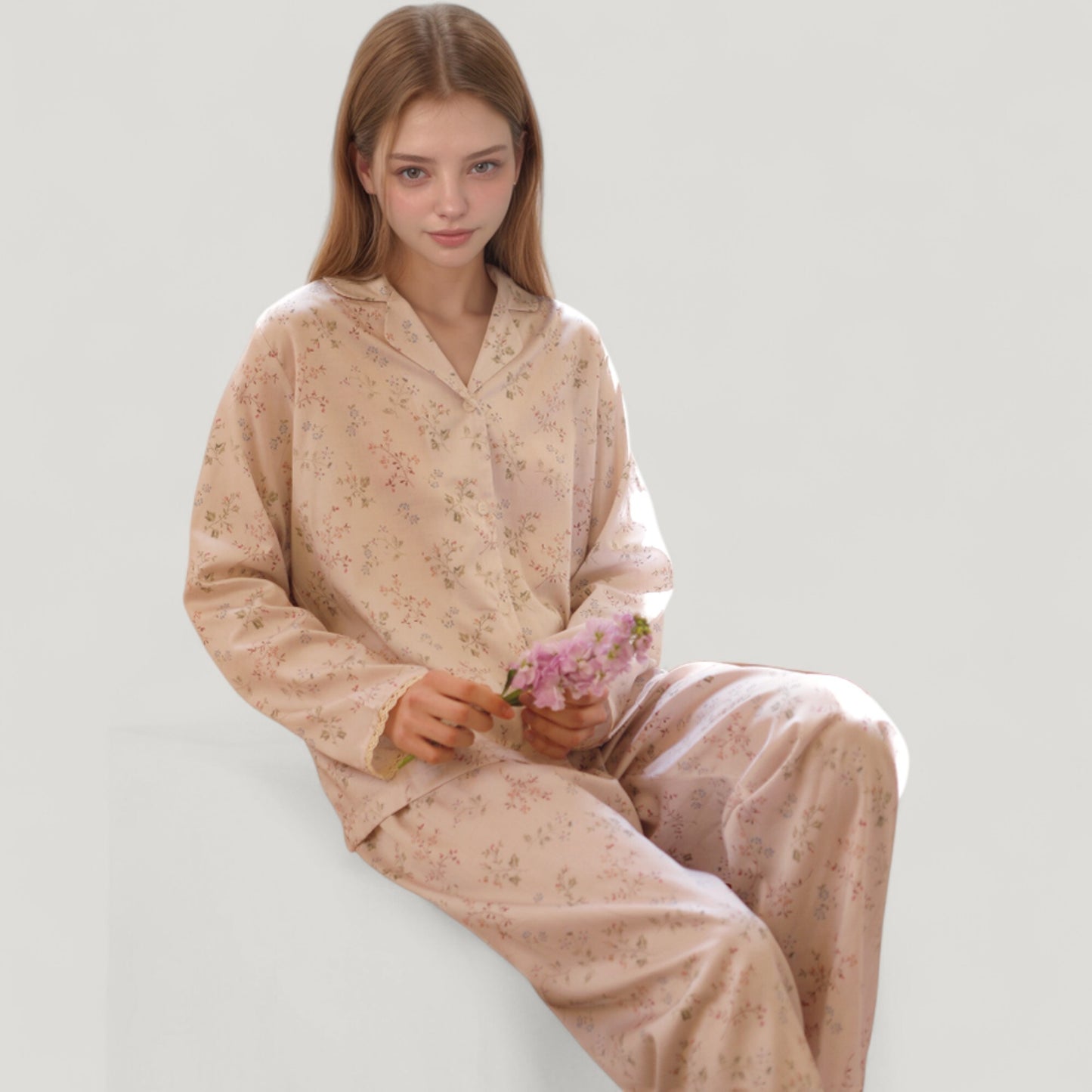 Anna-Kaci Lounge Women's Long Sleeve Pajama Set Small Floral Print Button-Up Top with Notch Collar and Relaxed Fit Pants