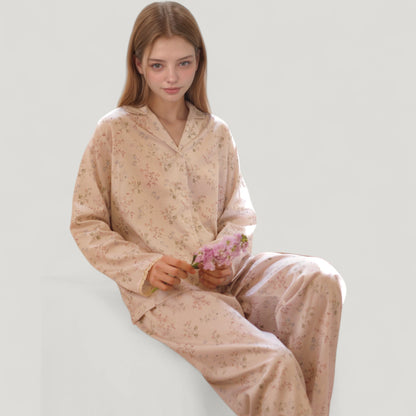 Anna-Kaci Lounge Women's Long Sleeve Pajama Set Small Floral Print Button-Up Top with Notch Collar and Relaxed Fit Pants