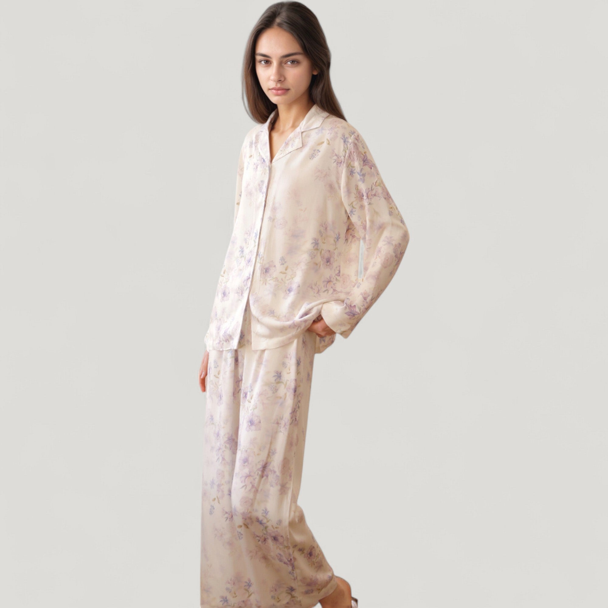 Anna-Kaci Lounge Women's Long Sleeve Pajama Set Watercolor Floral Print Button-Up Top with Relaxed Wide Leg Pants