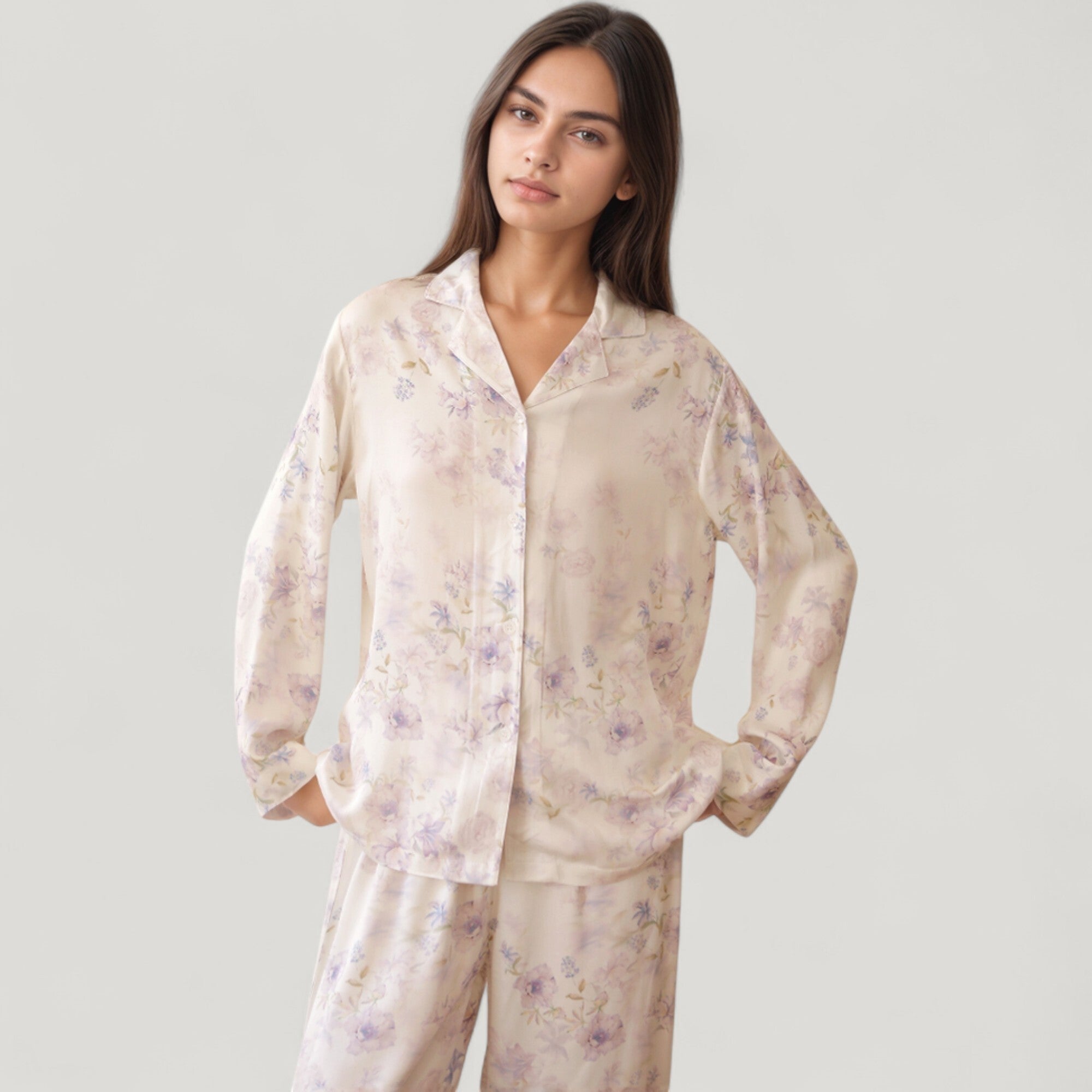 Anna-Kaci Lounge Women's Long Sleeve Pajama Set Watercolor Floral Print Button-Up Top with Relaxed Wide Leg Pants