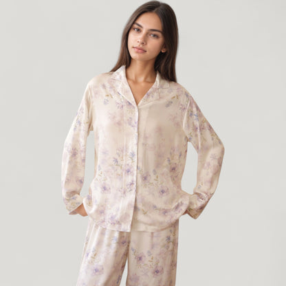 Anna-Kaci Lounge Women's Long Sleeve Pajama Set Watercolor Floral Print Button-Up Top with Relaxed Wide Leg Pants