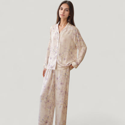 Anna-Kaci Lounge Women's Long Sleeve Pajama Set Watercolor Floral Print Button-Up Top with Relaxed Wide Leg Pants