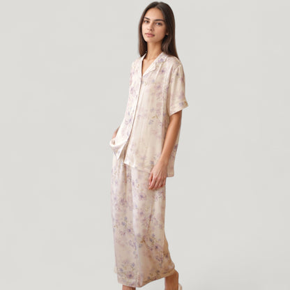 Anna-Kaci Lounge Women's Long Sleeve Pajama Set Watercolor Floral Print Button-Up Top with Relaxed Wide Leg Pants