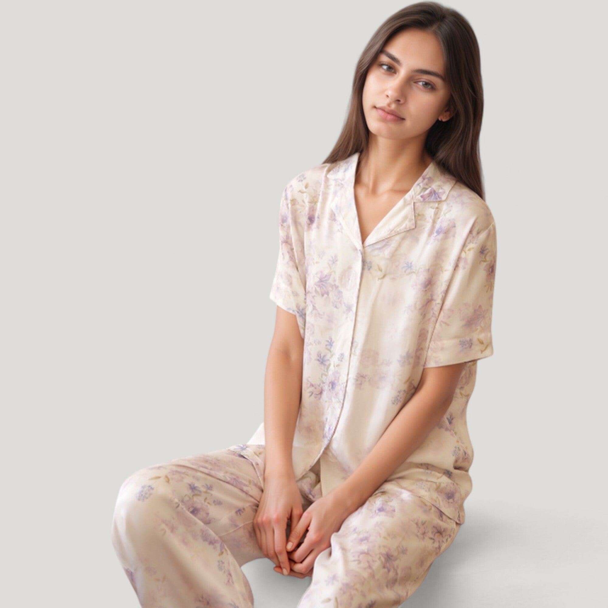Anna-Kaci Lounge Women's Long Sleeve Pajama Set Watercolor Floral Print Button-Up Top with Relaxed Wide Leg Pants