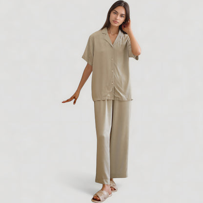 Anna-Kaci Lounge Women's Satin Button-Up Pajama Set with Short Sleeves and Relaxed Fit Wide Leg Pants