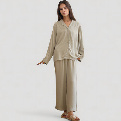 Anna-Kaci Lounge Women's Satin Button-Up Pajama Set with Short Sleeves and Relaxed Fit Wide Leg Pants