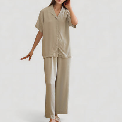 Anna-Kaci Lounge Women's Satin Button-Up Pajama Set with Short Sleeves and Relaxed Fit Wide Leg Pants