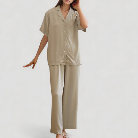 Anna-Kaci Lounge Women's Satin Button-Up Pajama Set with Short Sleeves and Relaxed Fit Wide Leg Pants