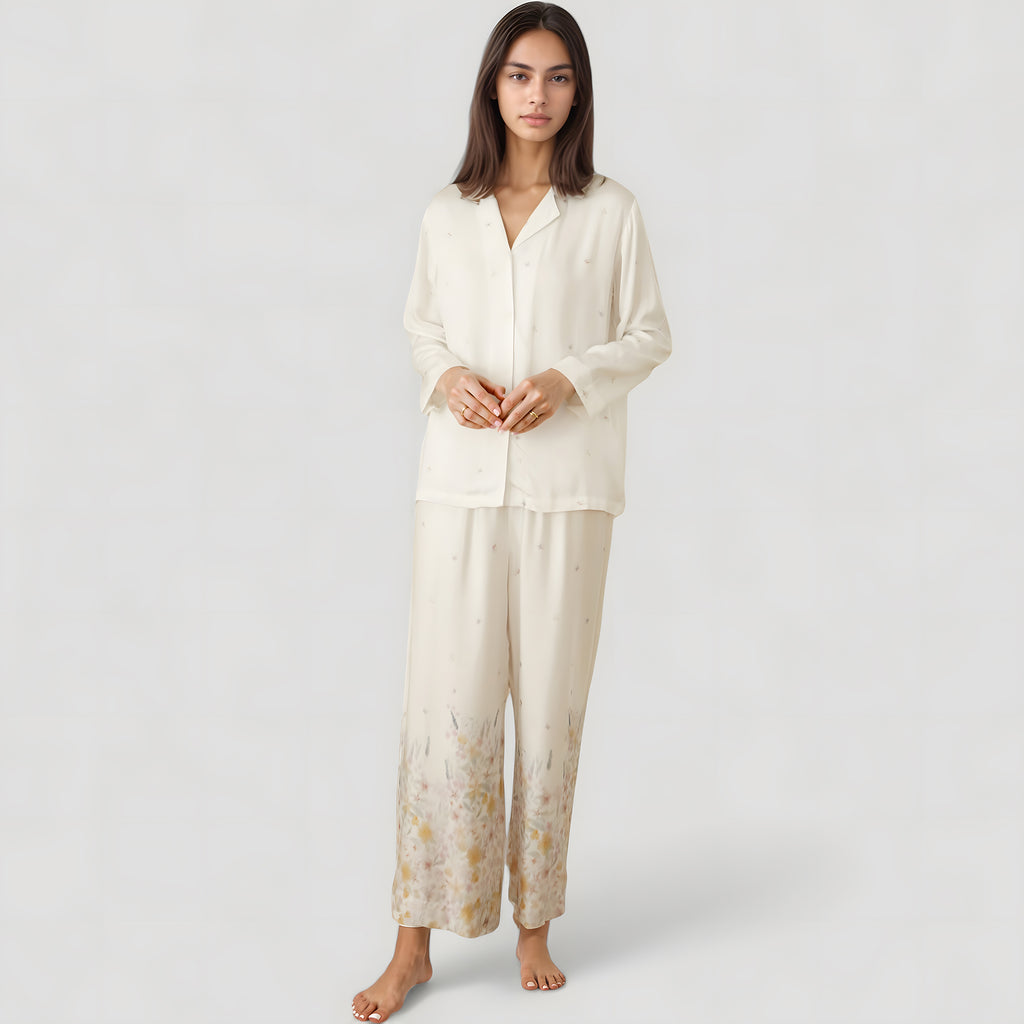 Anna-Kaci Lounge Women's Floral Hem Pajama Set with Long Sleeve Top and Relaxed Fit Wide Leg Pants