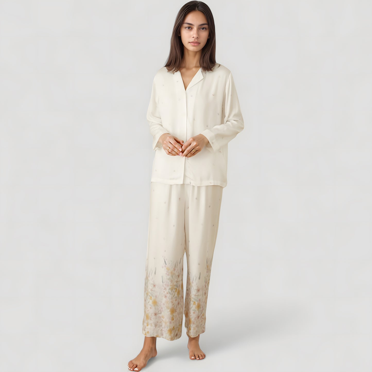 Anna-Kaci Lounge Women's Floral Hem Pajama Set with Long Sleeve Top and Relaxed Fit Wide Leg Pants