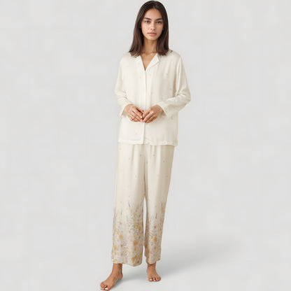 Anna-Kaci Lounge Women's Floral Hem Pajama Set with Long Sleeve Top and Relaxed Fit Wide Leg Pants