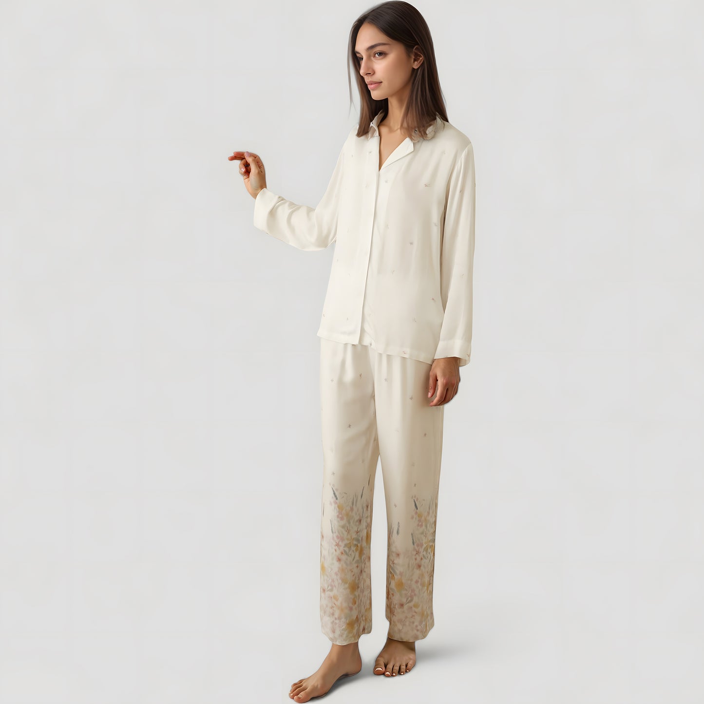 Anna-Kaci Lounge Women's Floral Hem Pajama Set with Long Sleeve Top and Relaxed Fit Wide Leg Pants
