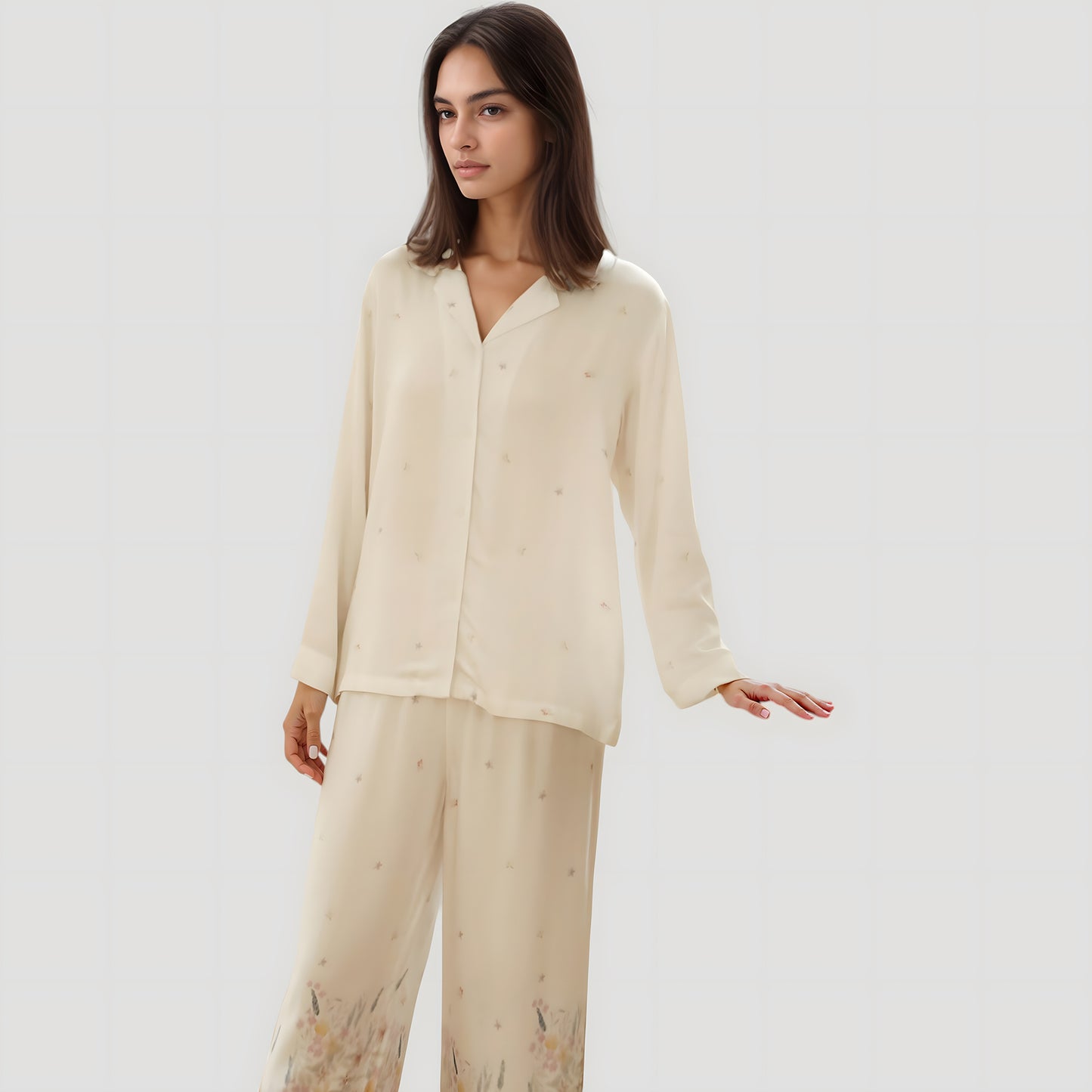 Anna-Kaci Lounge Women's Floral Hem Pajama Set with Long Sleeve Top and Relaxed Fit Wide Leg Pants