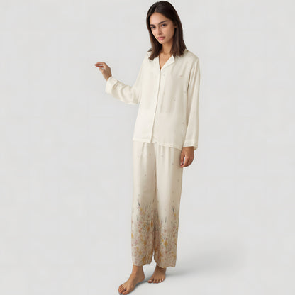 Anna-Kaci Lounge Women's Floral Hem Pajama Set with Long Sleeve Top and Relaxed Fit Wide Leg Pants