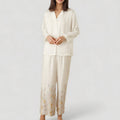 Anna-Kaci Lounge Women's Floral Hem Pajama Set with Long Sleeve Top and Relaxed Fit Wide Leg Pants