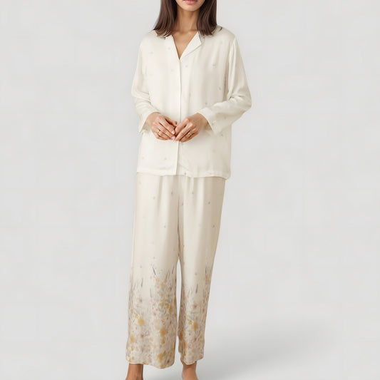 Anna-Kaci Lounge Women's Floral Hem Pajama Set with Long Sleeve Top and Relaxed Fit Wide Leg Pants