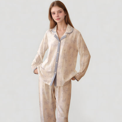 Anna-Kaci Lounge Women's Floral Print Long Sleeve Pajama Set with Contrast Piping Trim and Relaxed Button-Up Shirt