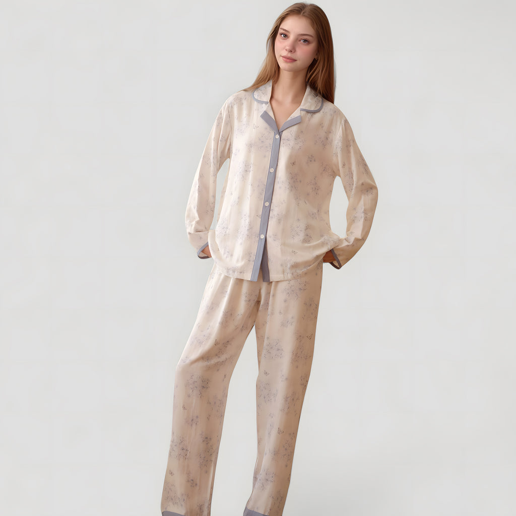 Anna-Kaci Lounge Women's Floral Print Long Sleeve Pajama Set with Contrast Piping Trim and Relaxed Button-Up Shirt