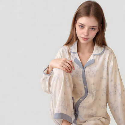 Anna-Kaci Lounge Women's Floral Print Long Sleeve Pajama Set with Contrast Piping Trim and Relaxed Button-Up Shirt