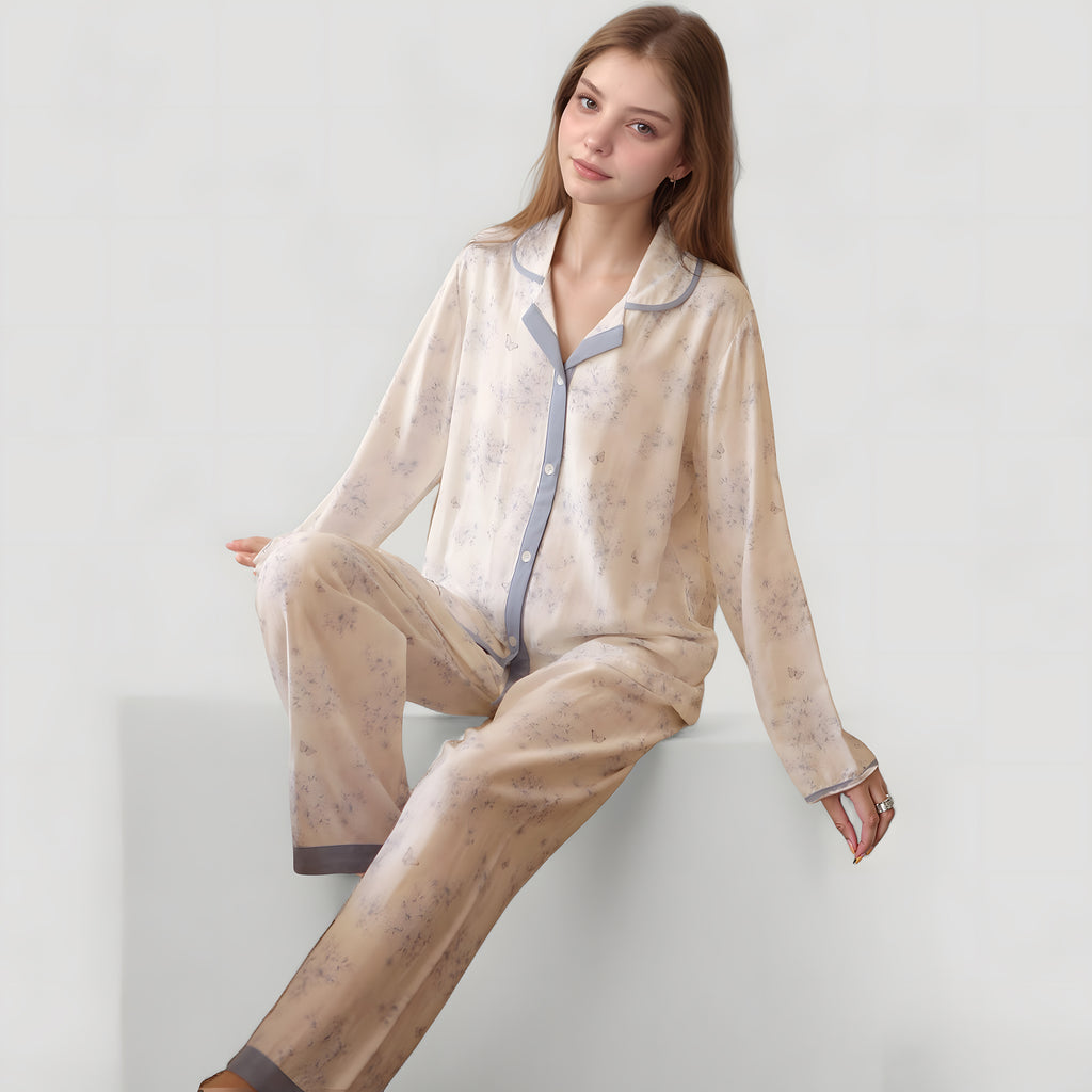 Anna-Kaci Lounge Women's Floral Print Long Sleeve Pajama Set with Contrast Piping Trim and Relaxed Button-Up Shirt