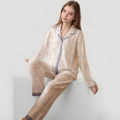 Anna-Kaci Lounge Women's Floral Print Long Sleeve Pajama Set with Contrast Piping Trim and Relaxed Button-Up Shirt