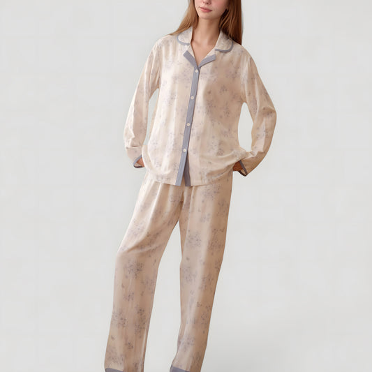 Anna-Kaci Lounge Women's Floral Print Long Sleeve Pajama Set with Contrast Piping Trim and Relaxed Button-Up Shirt