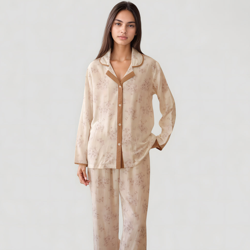 Anna-Kaci Lounge Women's Floral Print Long Sleeve Pajama Set with Contrast Piping Trim and Relaxed Button-Up Shirt